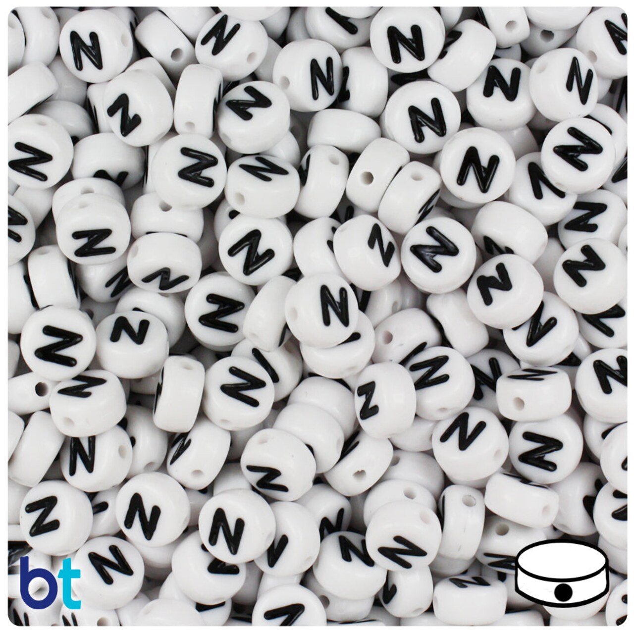 BeadTin White Opaque 7mm Coin Plastic Alpha Beads - Black Letter N (100pcs)